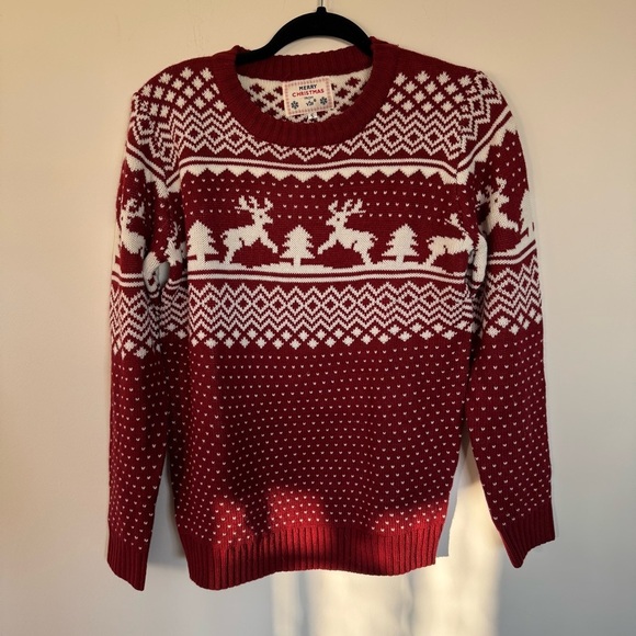 Red Christmas Sweater with Reindeer Pattern - Picture 1 of 9
